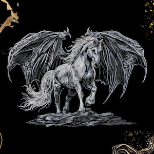 Könnte beinhalten: Detaillierte Schwarz-Weiß-Illustration eines geflügelten Pferdes, oder Pegasus, vor schwarzem Hintergrund. Das Pferd ist mit komplizierten Details dargestellt und steht auf einer felsigen Oberfläche. Die Flügel sind groß und ausgebreitet, was das mythische Thema unterstreicht.