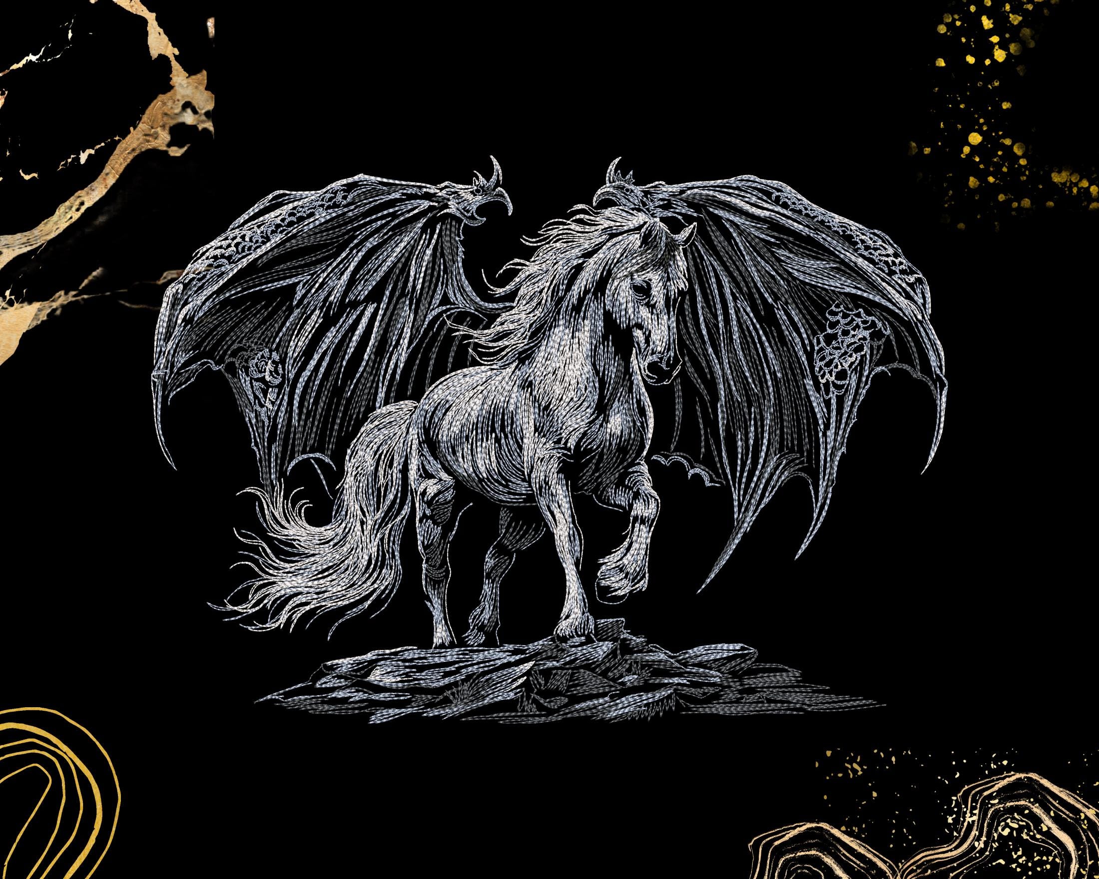 Dark Winged Pegasus Embroidery Design | Gothic Fantasy Mythical Horse ...