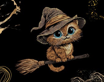 May include: A cartoon-style brown kitten with blue eyes, wearing a witch's hat, and riding a broomstick. The image is set against a black background with gold accents, perfect for Halloween.