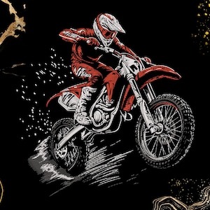 May include: Illustration of a motocross rider in red gear on a red and white dirt bike, mid-air against a black background. The rider wears a white helmet with red accents. White and gold decorative elements are in the background.
