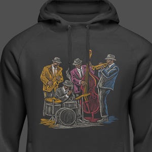 Jazz Band Embroidery Design | Vintage Jazz Musicians Quartet | Music Lover Apparel, Patch Projects | Digital Embroidery File | Saxophone Art image 3