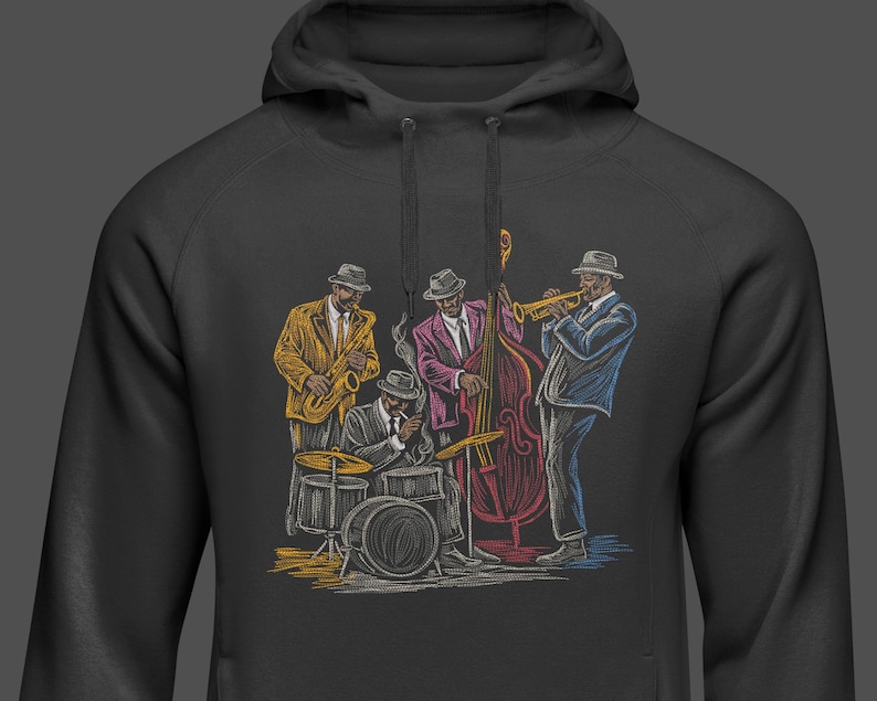 Jazz Band Embroidery Design | Vintage Jazz Musicians Quartet | Music Lover Apparel, Patch Projects | Digital Embroidery File | Saxophone Art image 3