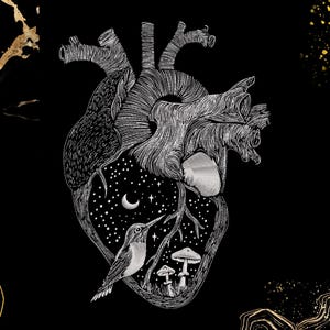Puede incluir: Ilustración en blanco y negro de un corazón humano detallado. El interior del corazón revela un cielo estrellado, una luna creciente, un colibrí y setas. Fondo negro con detalles dorados.