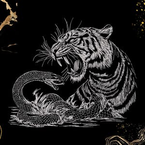 May include: A white line art illustration on a black background depicting a roaring tiger facing a coiled snake. The tiger has bared teeth and visible whiskers, while the snake has an open mouth. Gold abstract accents appear in the corners.