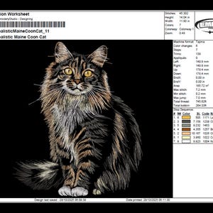 May include: Realistic Maine Coon Cat embroidery design on a black background. The cat has brown and black fur with yellow eyes. The design is 14.04 inches high and 11.80 inches wide.