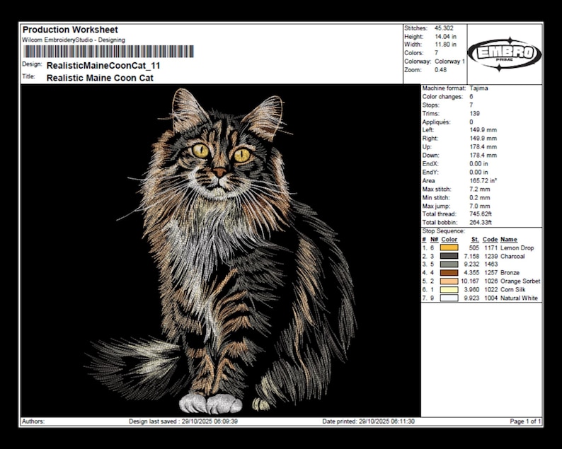 May include: Realistic Maine Coon Cat embroidery design on a black background. The cat has brown and black fur with yellow eyes. The design is 14.04 inches high and 11.80 inches wide.