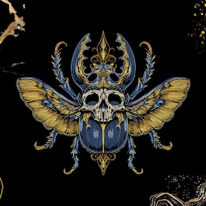 May include: A detailed digital illustration of a beetle with a human skull integrated into its thorax. The insect features large, textured golden wings, a deep blue segmented body, and ornate golden horn-like structures on its head.
