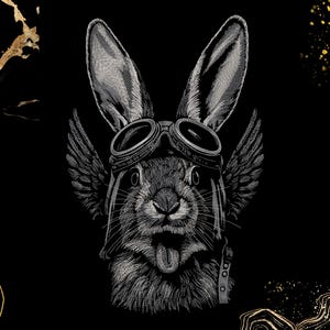 May include: A black and white graphic illustration of a rabbit wearing aviator goggles and a leather helmet with small wings attached to the sides. The rabbit has its mouth open with its tongue sticking out, set against a solid black background.