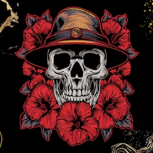 May include: A graphic illustration featuring a human skull wearing a brown fedora hat with a small circular emblem on the band. The skull is surrounded by vibrant red hibiscus flowers with dark green leaves, all set against a solid black background.
