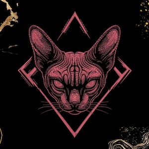 May include: A detailed illustration of a Sphynx cat's head in red, set against a black background. The cat's face features intricate line work, enclosed within a diamond-shaped frame. Gold and yellow abstract shapes provide a decorative element.