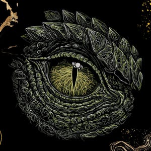 May include: Detailed illustration of a reptilian eye, featuring a yellow iris and a black pupil. The eye is surrounded by textured, green scales and a spiky, green ridge. The background is black with gold accents.