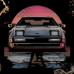 Puede incluir: Ilustración de un coche deportivo negro con faros emergentes, sobre un fondo de puesta de sol rosa y rojo. El coche se refleja en el agua de abajo, con formas abstractas doradas y negras en las esquinas. Una estética retro y vintage.
