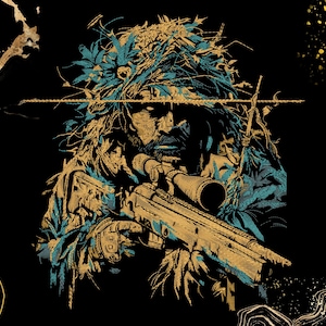 May include: A graphic illustration on a black background featuring a figure in a ghillie suit holding a sniper rifle with a scope. The artwork uses a color palette of gold and blue, with textured, sketch-like lines defining the camouflage and gear.