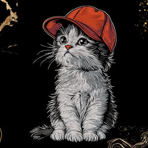May include: A detailed illustration of a gray and white kitten wearing a red baseball cap. The kitten is sitting and looking upwards with a slightly concerned expression. The background is black with gold accents.