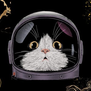 Könnte beinhalten: Illustration einer schwarz-weißen Katze mit einem Astronautenhelm. Die Katze hat große, gelbe Augen und eine rosa Nase. Der Helm ist grau mit einem klaren Visier. Der Hintergrund ist schwarz mit goldenen Akzenten.