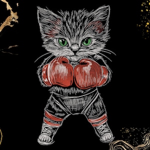 May include: A black and white illustration of a kitten wearing red boxing gloves and shorts with red stripes. The kitten has green eyes and is in a boxing stance. The background is black with gold accents.