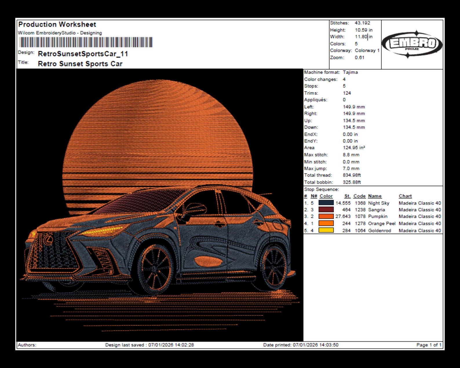 Visual Reference: Retro Sunset Sports Car Embroidery Design Neon Automotive Art