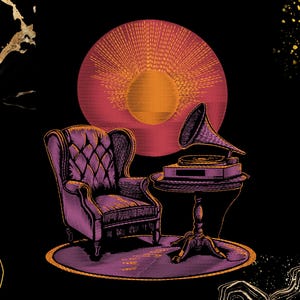 May include: Illustration of a purple armchair, a small table with a gramophone, and a stylized sun against a black background. The armchair has a diamond-patterned back. The gramophone is purple and has a horn. The overall theme is vintage and music.