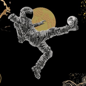 May include: A black and white line art illustration of an astronaut in a spacesuit kicking a small globe with their foot. A large gold textured circle sits behind the astronaut, with gold abstract line accents in the corners on a black background.