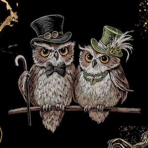 May include: A detailed illustration of two brown owls perched on a branch against a black background. The left owl wears a black top hat with goggles and a bow tie, holding a cane. The right owl wears a green top hat with feathers and a necklace.