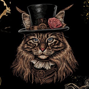 Peut inclure: Une illustration détaillée d'un chat brun à poils longs portant un haut-de-forme noir orné d'une rose rouge et d'un petit engrenage. Le chat a un col blanc à volants et un gilet brun avec des accents métalliques circulaires sur fond noir.
