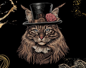 Steampunk Cat Embroidery Design | Top Hat, Rose & Victorian Feline Portrait | Machine Embroidery File (Digital Download)