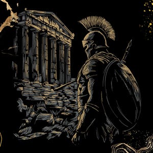 Antike griechische Krieger Stickdatei | Spartanischer Löwe vor Tempel, Klassische Mythologie Kunst | Maschinenstickdatei, digitaler Download