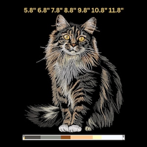 May include: An embroidered image of a long-haired cat with yellow eyes, set against a black background. The cat's fur is a mix of brown, black, and white threads, with measurements from 5.8" to 11.8" displayed above the image.