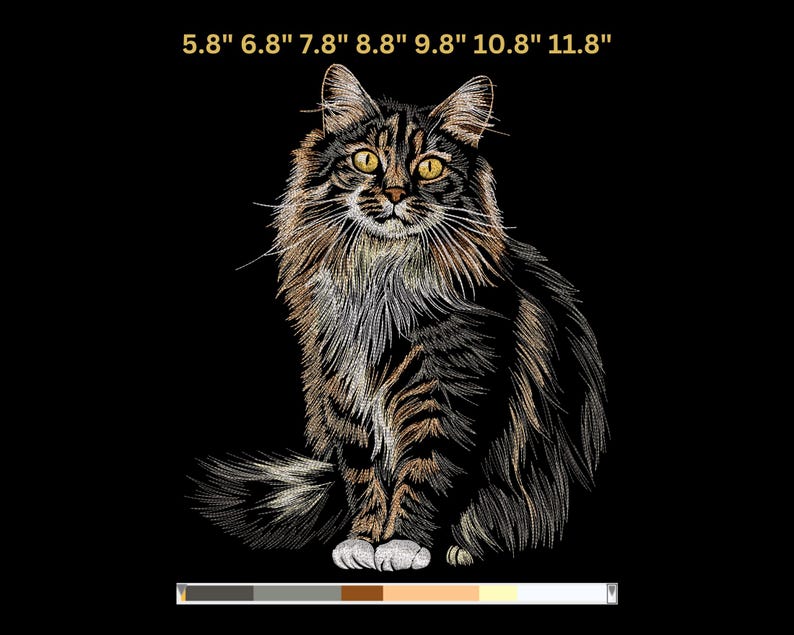 May include: An embroidered image of a long-haired cat with yellow eyes, set against a black background. The cat's fur is a mix of brown, black, and white threads, with measurements from 5.8" to 11.8" displayed above the image.