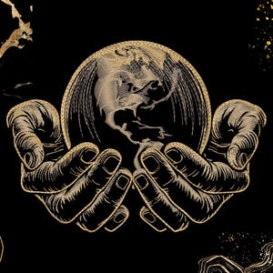 May include: A gold-colored illustration of hands cradling a detailed globe against a black background. The globe and hands are intricately designed with fine lines, creating a textured appearance. The artwork has a classic, elegant feel.