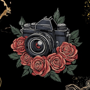 May include: A detailed illustration of a vintage camera surrounded by red roses and green leaves, set against a black background. The camera is black with silver accents. The roses are in full bloom, with detailed shading.