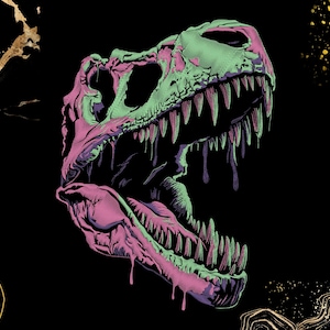 May include: A detailed illustration of a dinosaur skull with open jaws, featuring a color palette of pink, green, and purple against a black background. The skull's teeth are sharp and prominent, with dripping accents.