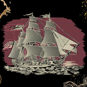 Può includere: Immagine ricamata di una nave alta che naviga sull'oceano. La nave ha più vele e bandiere, con una bandiera rossa e bianca visibile. Lo sfondo è di colore marrone strutturato, su uno sfondo nero con accenti dorati.