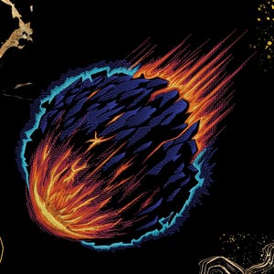 May include: An embroidered illustration of a meteor against a black backdrop. The meteor is depicted in shades of blue, orange, and red, with flames trailing behind. The artwork has a textured appearance.