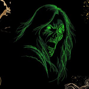 Puede incluir: Ilustración digital de una figura parecida a un zombi con ojos verdes brillantes y una boca abierta. La obra de arte presenta cabello largo y fluido y está representada en un contorno verde neón sobre un fondo negro con detalles dorados.