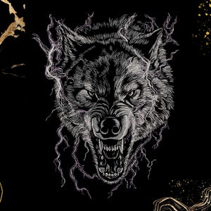 May include: A detailed black and white illustration of a snarling wolf's head. The wolf's fur is intricately drawn, with sharp teeth bared. The background is black, with gold accents in the corners, creating a striking contrast.