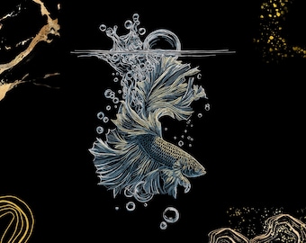 May include: An intricate illustration of a betta fish, depicted in blue and gold hues, set against a black backdrop. The image features bubbles and water effects, giving the impression of movement. The artwork has a detailed, hand-drawn style.