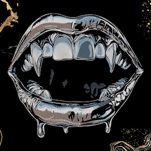 May include: A graphic illustration of an open mouth with metallic silver lips and sharp vampire fangs. The design features a dripping effect on the lower lip, set against a solid black background with abstract gold accents in the corners.