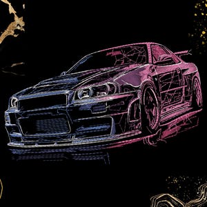 以下が含まれることがあります： 黒い背景に、青とピンクの色合いで描かれたスポーツカーのデジタルイラスト。 金色のアクセントが施されています。 車は詳細な線画で表現され、そのデザインと特徴が強調されています。