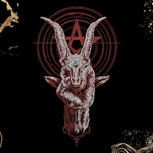 May include: A red and white illustration of a goat's head with large horns, a hand, and a pentagram on a black background. The goat's head is in the center, with the hand below it. The pentagram is behind the goat's head.