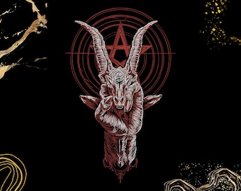 May include: A red and white illustration of a goat's head with large horns, a hand, and a pentagram on a black background. The goat's head is in the centre, with the hand below it. The pentagram is behind the goat's head.