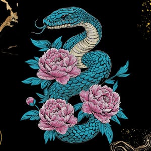 Peut inclure: Une illustration graphique représentant un serpent sarcelle aux écailles détaillées et à la langue fourchue, enroulé autour de trois grandes pivoines roses éclatantes avec des feuilles vertes, sur un fond noir avec des touches dorées.