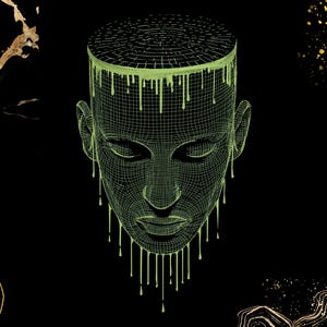 May include: A digital art piece featuring a wireframe human head with closed eyes, rendered in a neon green hue. The top of the head is a flat, textured surface, and green drips cascade down the face. The background is black with gold abstract shapes.