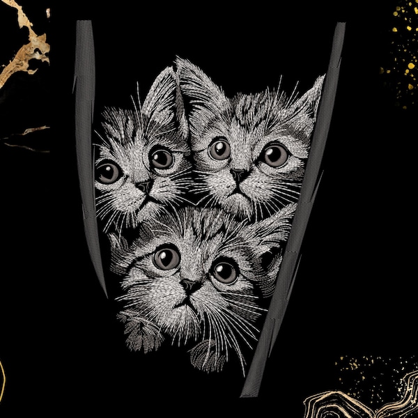 Three Kittens Embroidery Design | Peeking Cat Illustration | Cute Decor for Cat Lovers | Digital Download | Kitten Art, Black Shirt Friendly