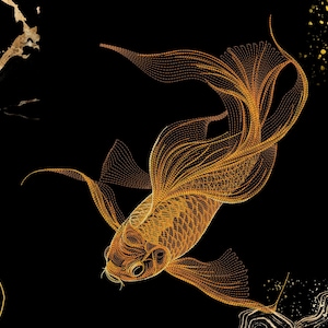 Könnte beinhalten: Goldene Koi-Fisch-Illustration auf schwarzem Hintergrund. Der Fisch ist mit feinen Linien detailliert, die seine Schuppen und fließenden Flossen hervorheben. Goldakzente und abstrakte Formen tragen zur Eleganz des Kunstwerks bei.