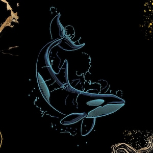 Könnte beinhalten: Digitale Illustration eines Orca-Wals in Blautönen vor schwarzem Hintergrund. Der Wal ist mit einem gepunkteten Linieneffekt dargestellt, der ein strukturiertes Aussehen erzeugt. Goldakzente befinden sich in den Ecken.