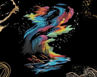 May include: Embroidered artwork showing a colourful aurora borealis over a landscape with trees and water. The design features vibrant hues of blue, pink, yellow, and orange against a black background, with small white stars.