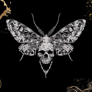 Pode incluir: Ilustração detalhada em preto e branco de uma mariposa com cabeça em forma de caveira e padrões de asas intrincados. O design é definido contra um fundo preto com detalhes dourados, criando uma estética gótica.