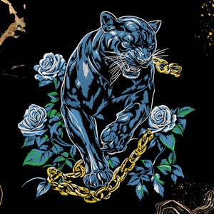 May include: Illustration of a black panther with blue and black fur, a gold chain, and blue roses on a black background. The panther is snarling, holding a gold chain. The roses have green leaves.