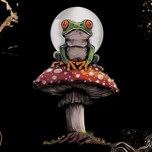 Może przedstawiać: Ilustracja żaby czerwonookiej siedzącej na grzybie z białymi kropkami. Żaba ma zielone i pomarańczowe kolory, z pełnią księżyca w tle. Grafika jest osadzona na czarnym tle.